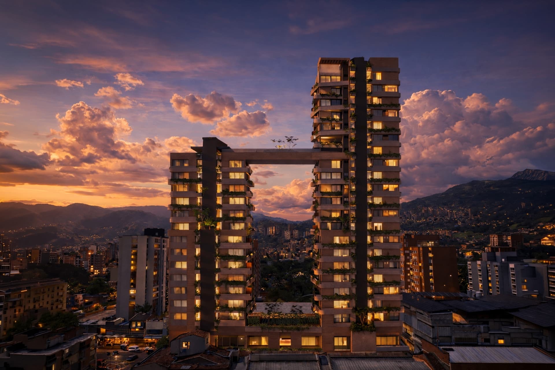 Fachada de Gud de noche